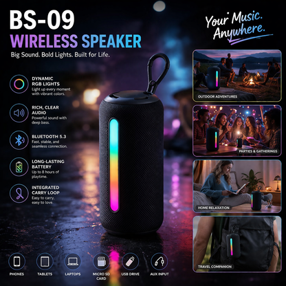 BS-09 Portable Wireless Speaker with RGB Lighting and Integrated Carry Loop