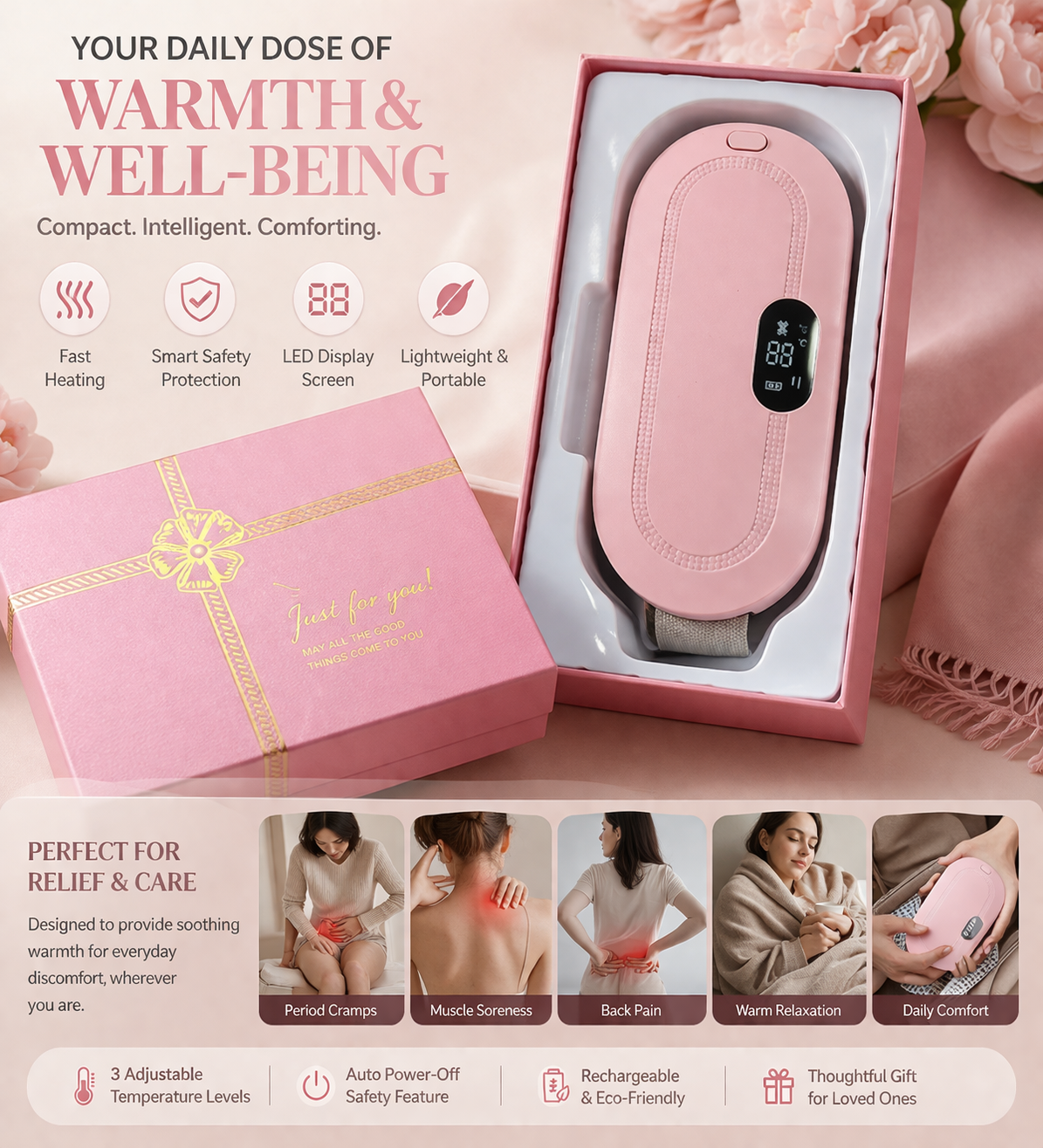 Cordless Period Cramp Relief Belt for Women – Electric Vibration Massage Belt with 3 Adjustable Heat Levels, Rechargeable Menstrual Pain Relief Therapy Device for Abdomen & Lower Back