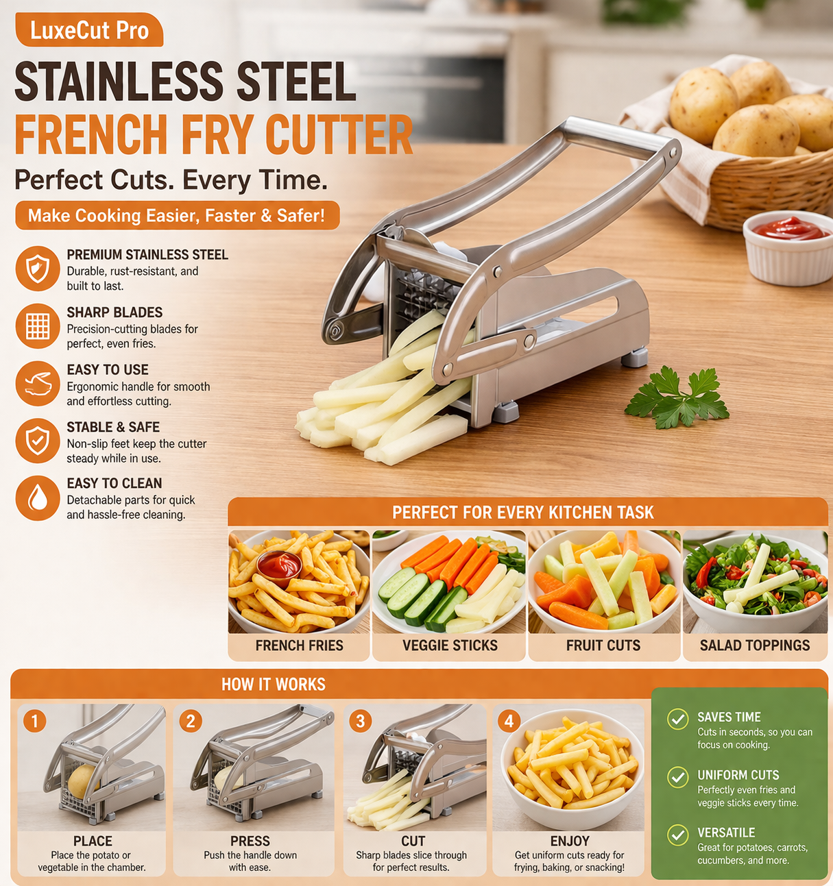 Premium Stainless Steel Potato Chipper & French Fry Cutter – Effortless Slicing for Perfect Fries, Veggies & More