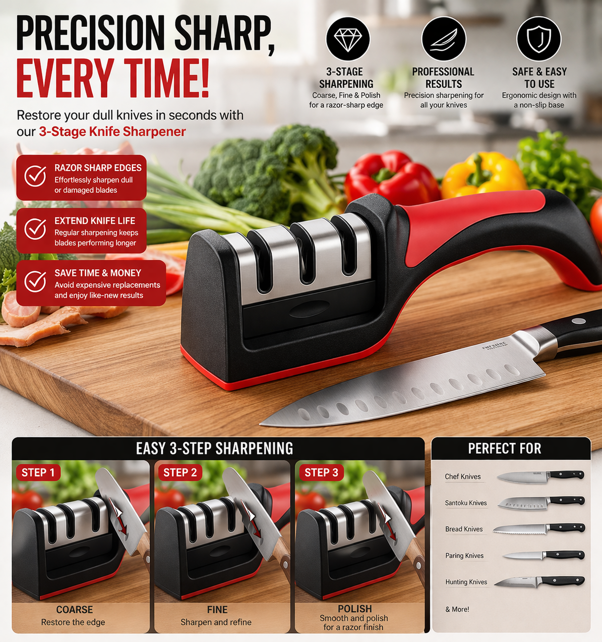 Professional 3-Stage Kitchen Knife Sharpener RS-168 – Manual Sharpening Tool for Steel Knives with Ergonomic Handle & Non-Slip Base for Safe and Easy Use