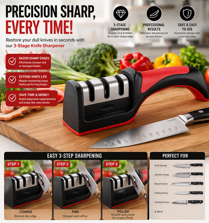 Professional 3-Stage Kitchen Knife Sharpener RS-168 – Manual Sharpening Tool for Steel Knives with Ergonomic Handle & Non-Slip Base for Safe and Easy Use