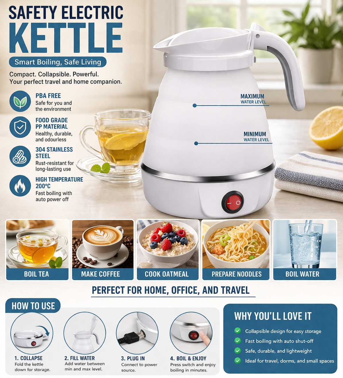 RAF 600ml Foldable Electric Travel Kettle – 1500W Portable & Fast-Boiling Water Heater for Home, Office, and Travel