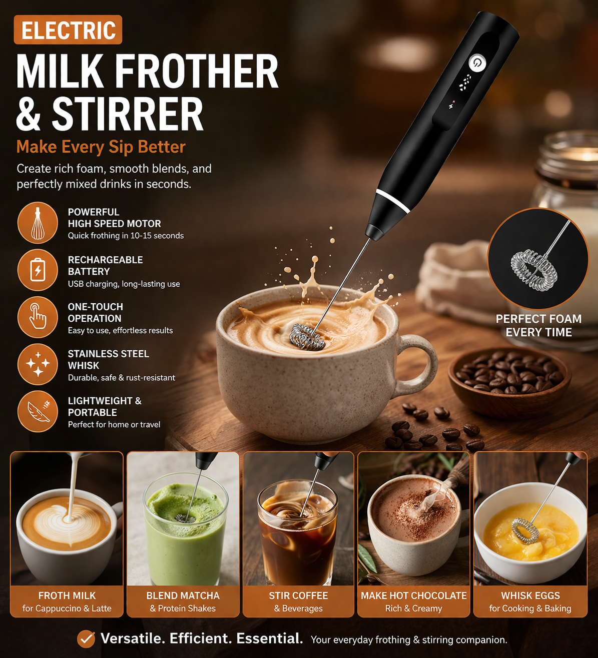 Rechargeable Beater – USB Adjustable Speed Milk Frother, Ideal for Coffee and Latte Art