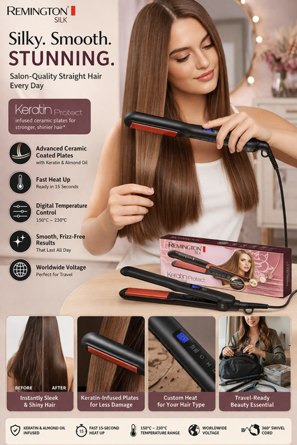 Remington Silk Keratin Protect Intelligent Hair Straightener with Advanced Ceramic Plates, Moroccan Argan Oil & Shine Enhancing Technology