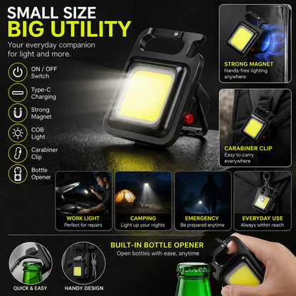 Ultra-Bright COB Rechargeable Keychain Light – Compact Pocket Work Light with Foldable Stand, Durable Carabiner Clip, and Multi-Purpose Outdoor Utility