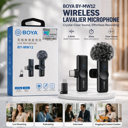 BOYA BY-MW12 Wireless Lavalier Microphone (Dual Mic, Type-C) – Noise Reduction Mic for Vlogging, Interviews & Live Streaming
