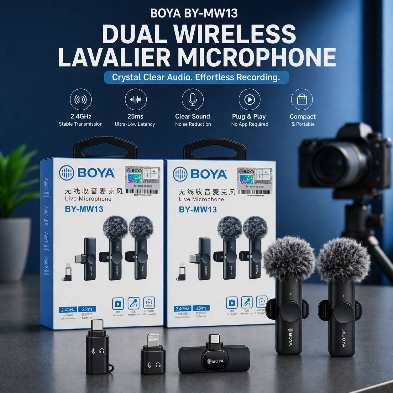 BOYA BY-MW13 Dual Wireless Lavalier Microphone (Type-C) – Noise Reduction Mic for Vlogging, Interviews & Live Streaming
