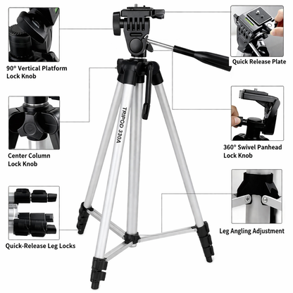 Tripod 330A Professional Adjustable Camera & Mobile Stand with 360° Rotation – Lightweight Aluminum Tripod with Mobile Holder & Carry Support