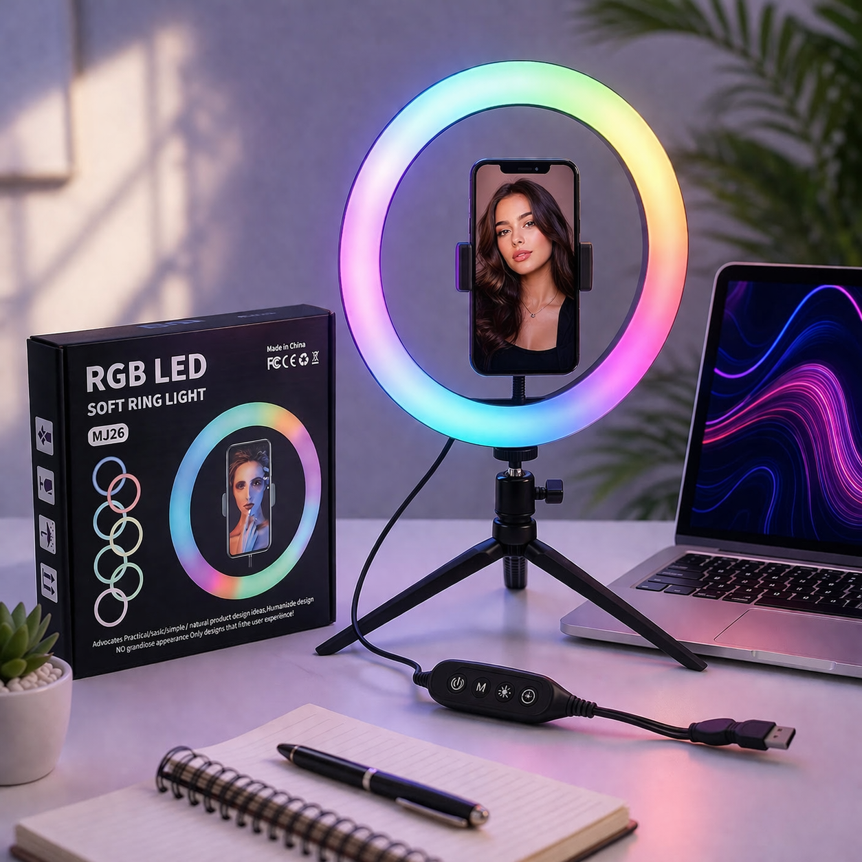 MJ26 RGB LED Ring Light with Tripod Stand & Mobile Holder – 20 Light Modes, Dimmable Selfie Ring Light for TikTok, YouTube & Live Streaming