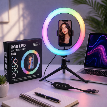 MJ26 RGB LED Ring Light with Tripod Stand & Mobile Holder – 20 Light Modes, Dimmable Selfie Ring Light for TikTok, YouTube & Live Streaming