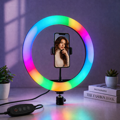RGB LED Ring Light with Mobile Holder – Dimmable Selfie Light for TikTok, YouTube, Makeup & Live Streaming