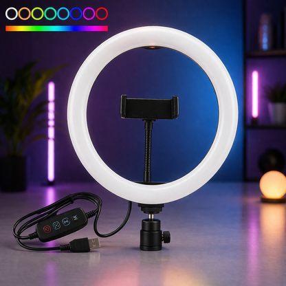 RGB LED Ring Light with Mobile Holder & USB Controller – Dimmable Soft Light for TikTok, YouTube, Makeup & Live Streaming