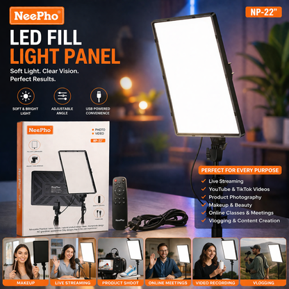 NeePho NP-22 Professional LED Fill Light Panel with Remote & Stand – Studio Lighting for Photography, Video & Content Creation