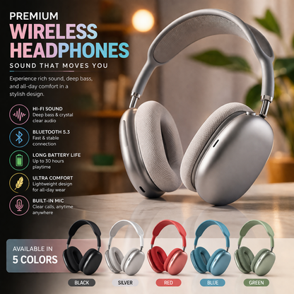 P9 Wireless Bluetooth Headphones – Hi-Fi Stereo Sound, Noise Reduction & Long Battery Life Over-Ear Headset
