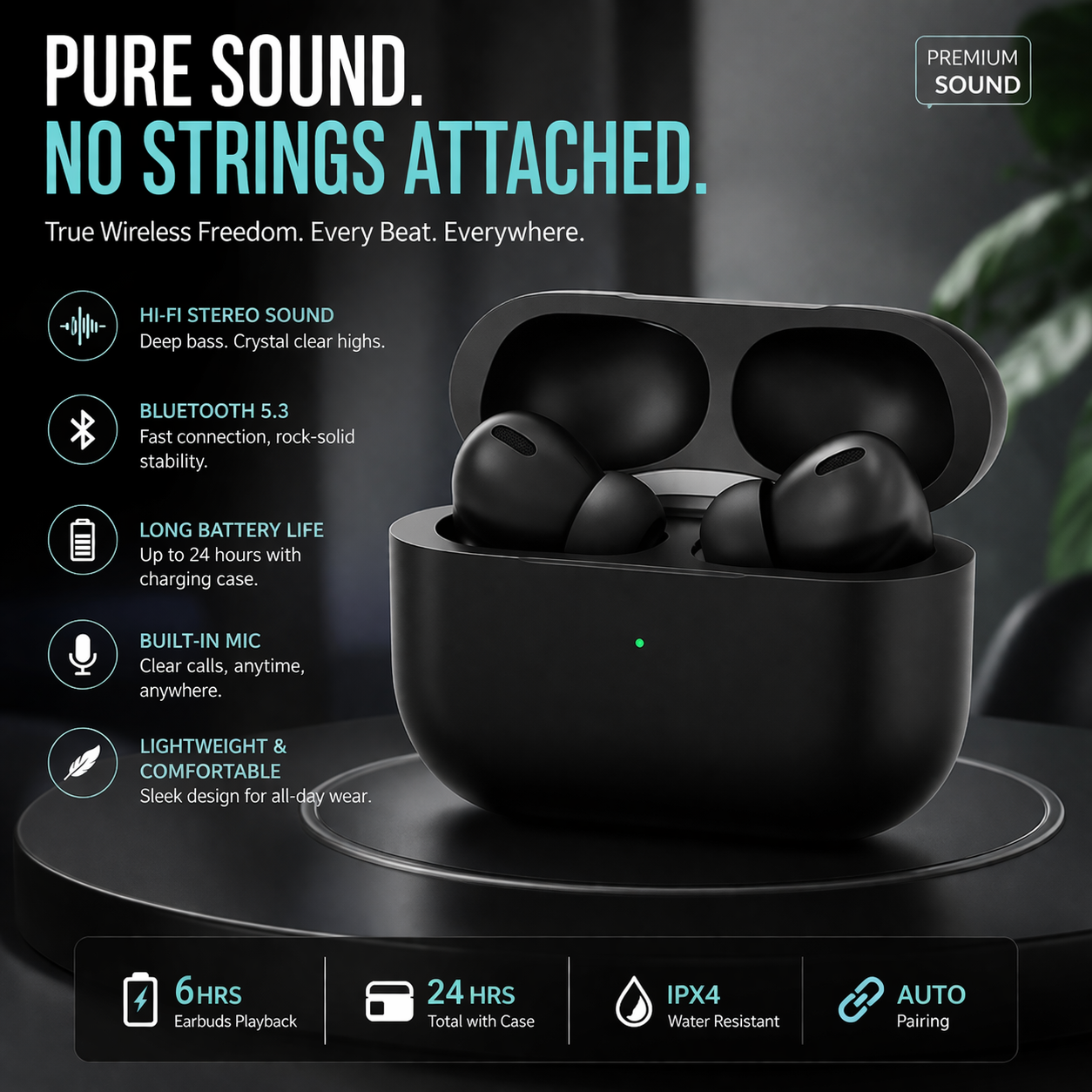 Premium Wireless Bluetooth Earbuds with Charging Case – Hi-Fi Sound, Noise Reduction & Long Battery Life