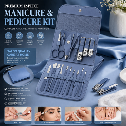 Premium 12-Piece Manicure & Pedicure Kit with Travel Case – Professional Stainless Steel Nail Care Set for Hands, Feet & Grooming