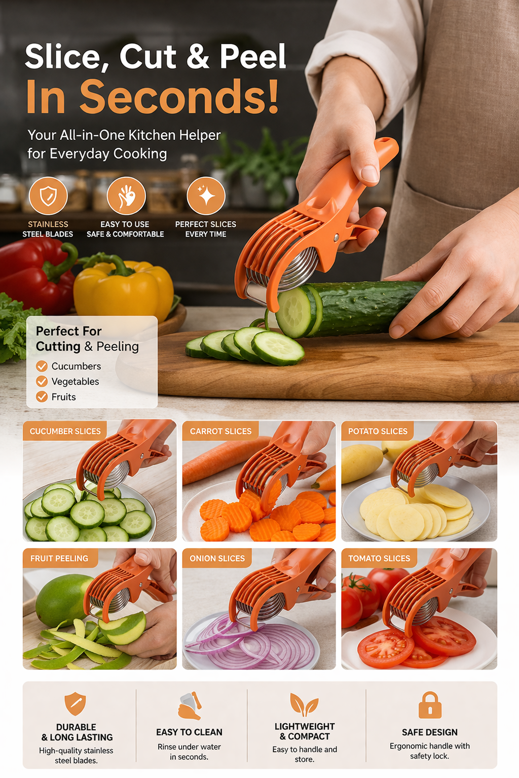 Multi-Functional 3-in-1 Vegetable Cutter & Peeler – Premium Stainless Steel Multi-Blade Slicer | Fast, Safe & Effortless Kitchen Tool for Fruits & Vegetables