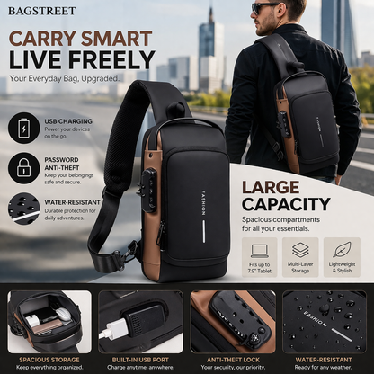 Men’s Waterproof Anti-Theft Sling Bag with USB Charging Port – Premium Matte Black & Bronze Crossbody Chest Pack for Travel, Work & Daily Use