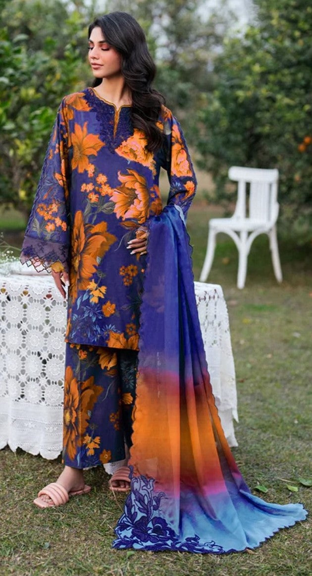 Purple and orange outspreaded flower pattern | Premium Lawn Suit 3pc | Iznik