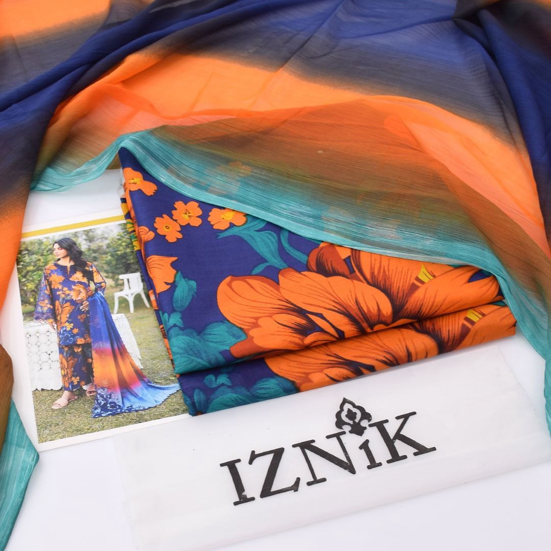 Purple and orange outspreaded flower pattern | Premium Lawn Suit 3pc | Iznik