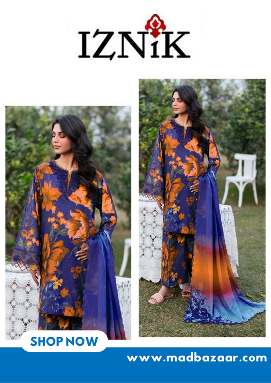 Purple and orange outspreaded flower pattern | Premium Lawn Suit 3pc | Iznik