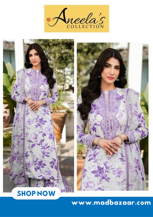 Aneela's khaddar collection | 3pcs suit | White & grape purple