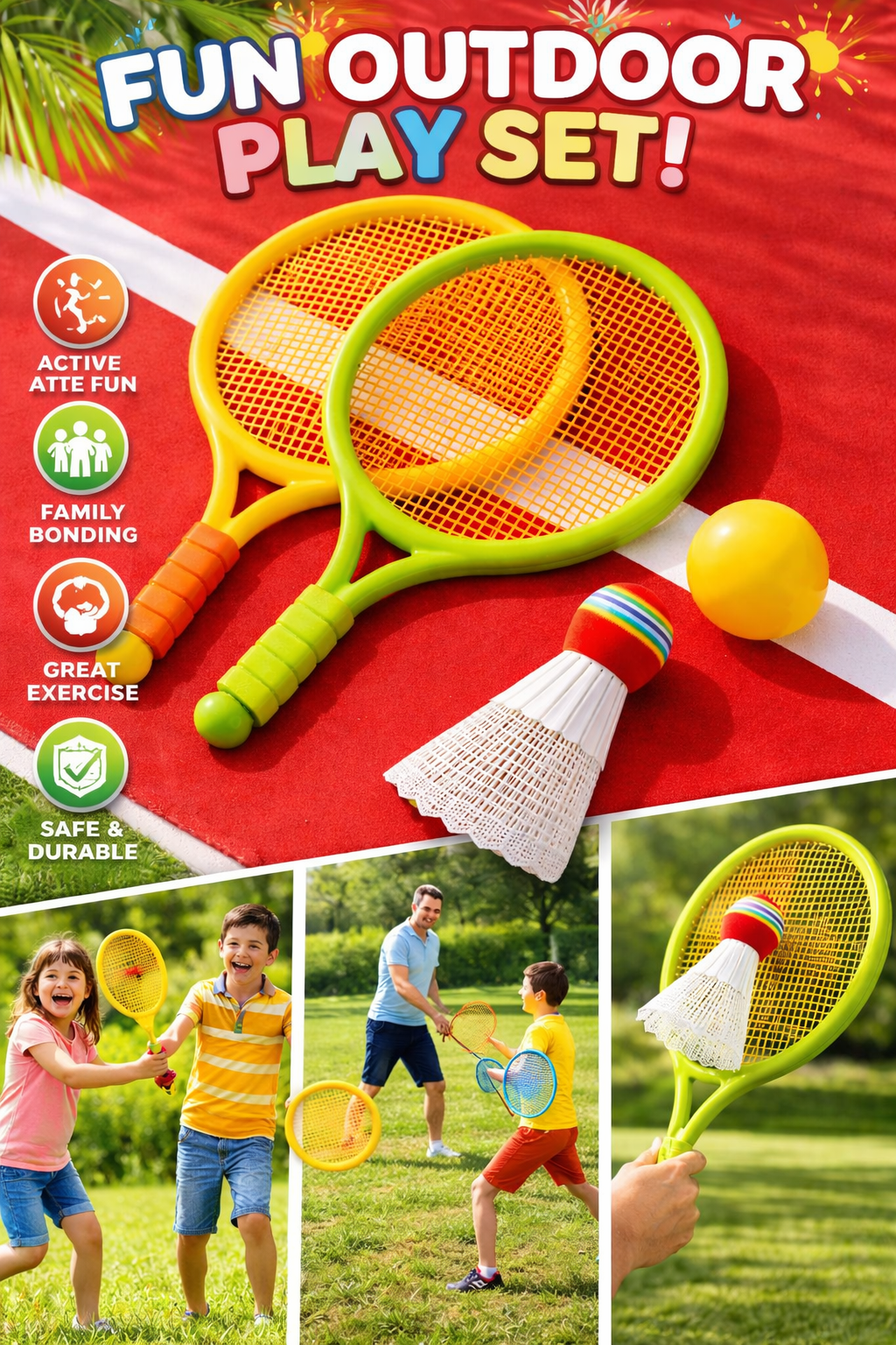 Kids Badminton Racket Set – Fun Outdoor Sports Kit with Shuttlecock & Ball (Lightweight & Durable)
