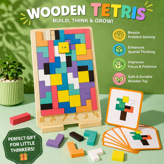Wooden Tetris Puzzle Board Game – Creative Intelligence Building Toy with Challenge Cards for Kids & Adults