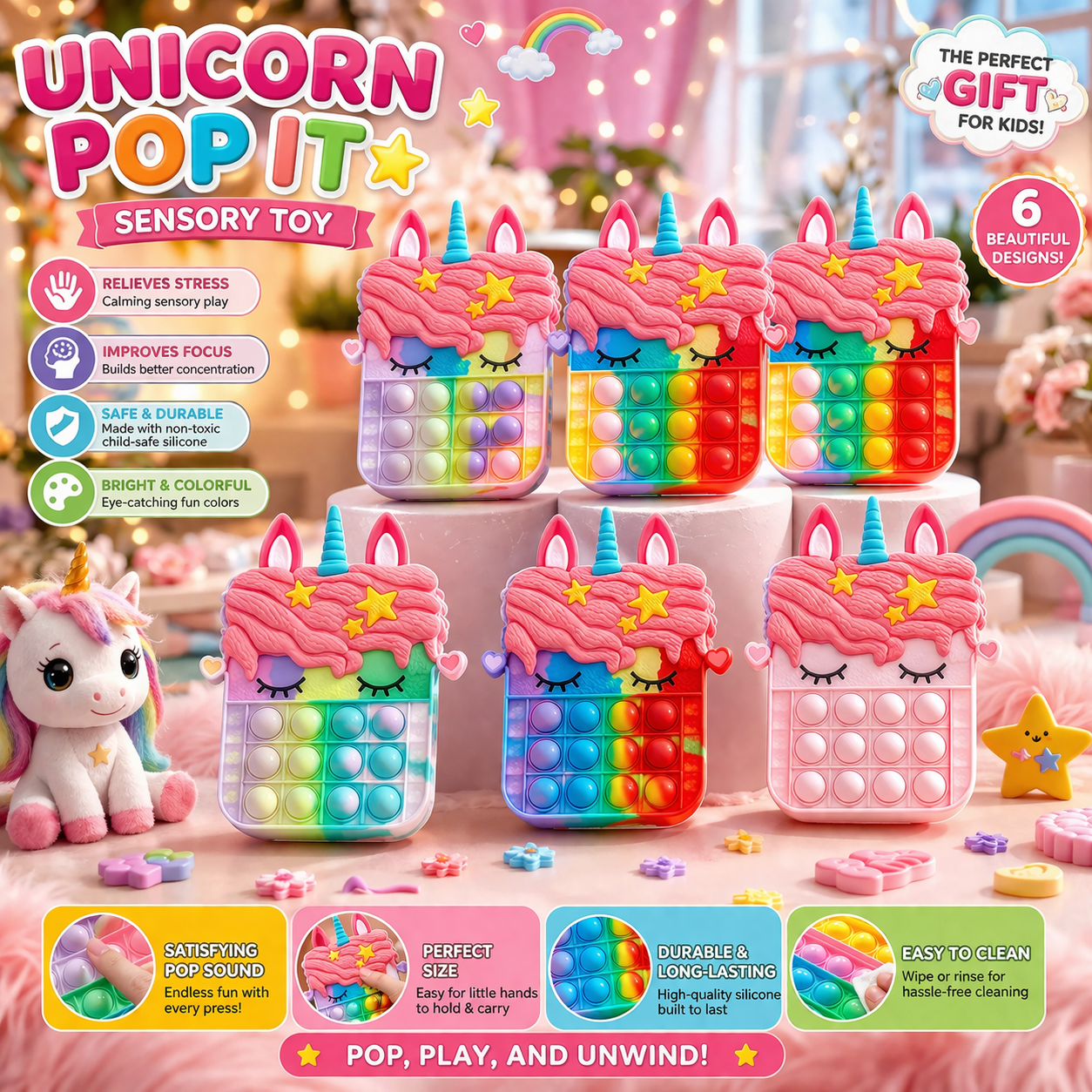 Unicorn Pop-It Crossbody Bag for Kids – Rainbow Silicone Sensory Toy Purse (Stress Relief & Fun Play)