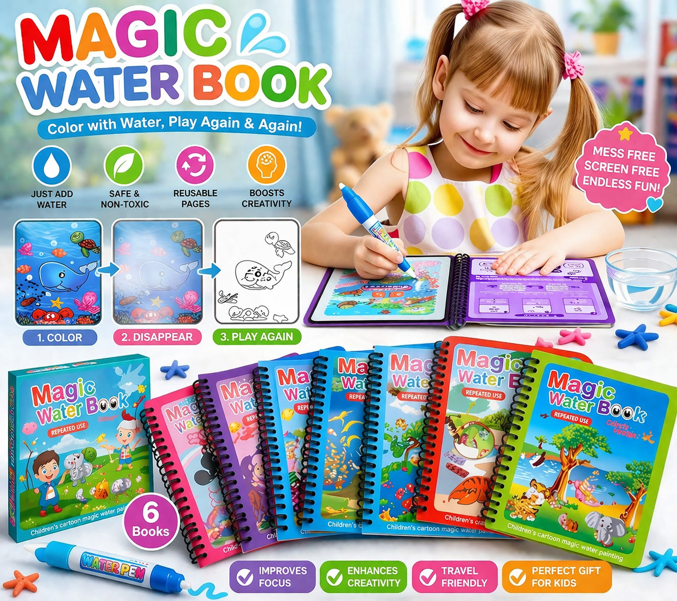 Magic Water Coloring Book for Kids – Reusable Mess-Free Drawing & Learning Activity Book