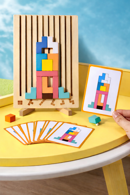 Wooden Tetris Puzzle Board Game – Creative Intelligence Building Toy with Challenge Cards for Kids & Adults