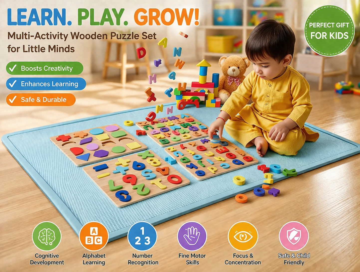 Multi-Activity Wooden Puzzle Board for Kids – Alphabet, Numbers & Shapes Learning Educational Toy