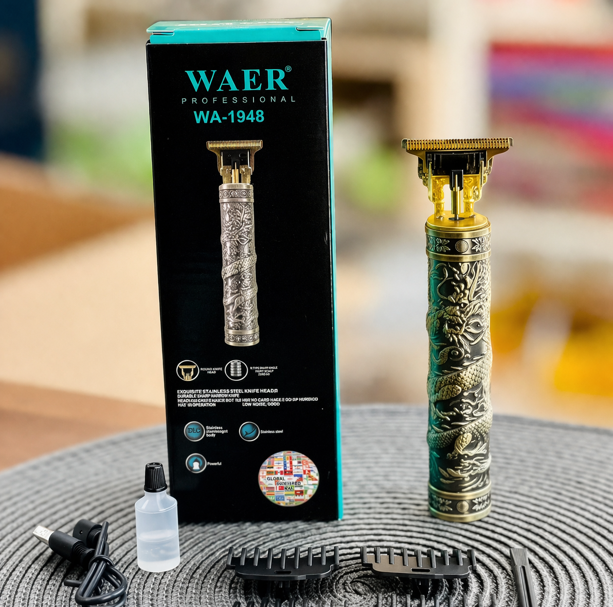 WAER Professional Hair Trimmer WA-1948 | Dragon Engraved Cordless USB Clipper | Precision Grooming with Durable Titanium Blade