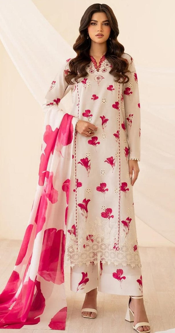 Iznik | 3pcs khaddar collection | broad and elongated flowers of cream / cobalt pink color