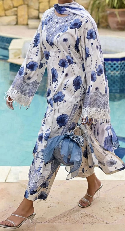 White and Blue | IZNIK | Premium Lawn Suit 3pc