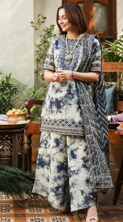 Sapphire khaddar 3pcs collection | Prussian blue & pearl white