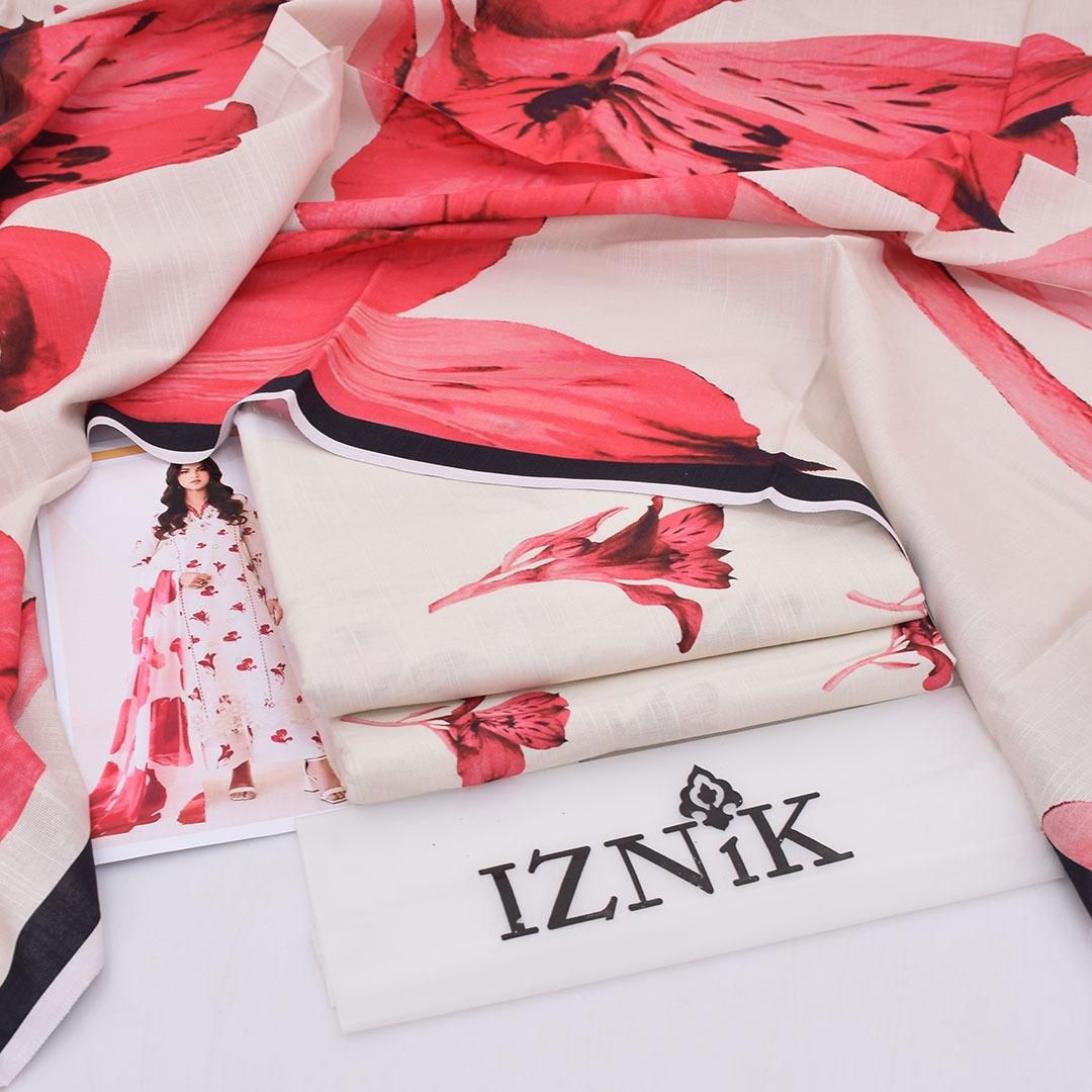 Iznik | 3pcs khaddar collection | broad and elongated flowers of cream / cobalt pink color