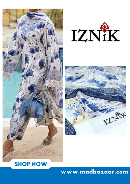 White and Blue | IZNIK | Premium Lawn Suit 3pc