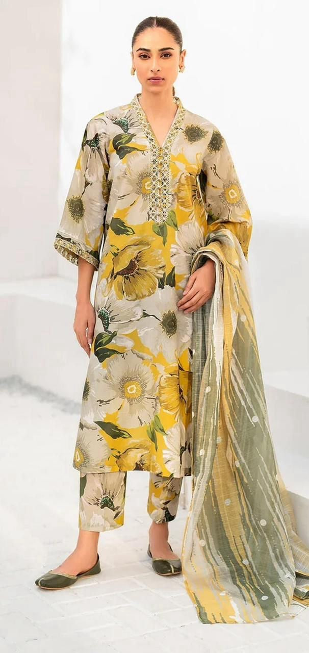 Yellow with leaves pattern | Maria.B | Khaddar 3pcs suit
