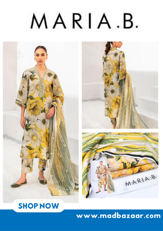 Yellow with leaves pattern | Maria.B | Khaddar 3pcs suit